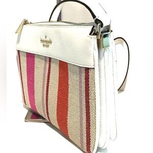 Kate Spade Leila Triple Gusset Canvas Leather Crossbody Pink White Stripe NWT